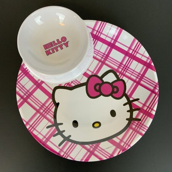 Hello Kitty Divided Plate Zak Designs Pink Plaid Dipping Well Plastic 2011 - Picture 1 of 6